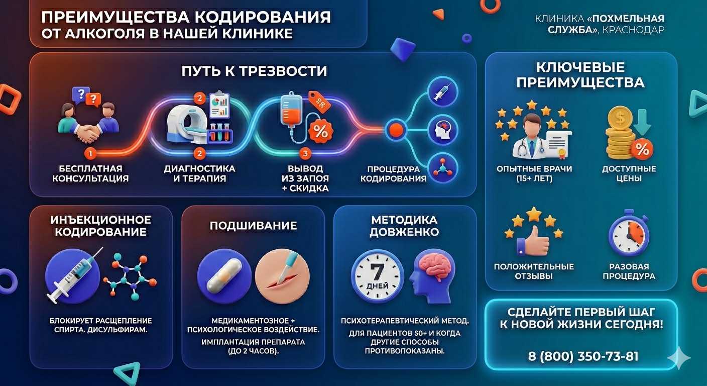 Инфографика о методах кодирования от алкоголя в Сарапуле: инъекции, подшивание, метод Довженко. Преимущества клиники и этапы лечения.